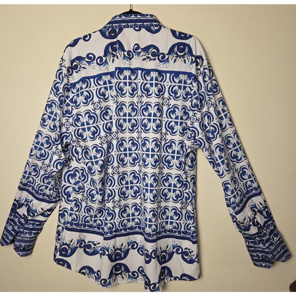 PREMIERE Men Shirt XXL 2XL Long Sleeve Button Down Blue White Tile Baroque NWT - Picture 6 of 9
